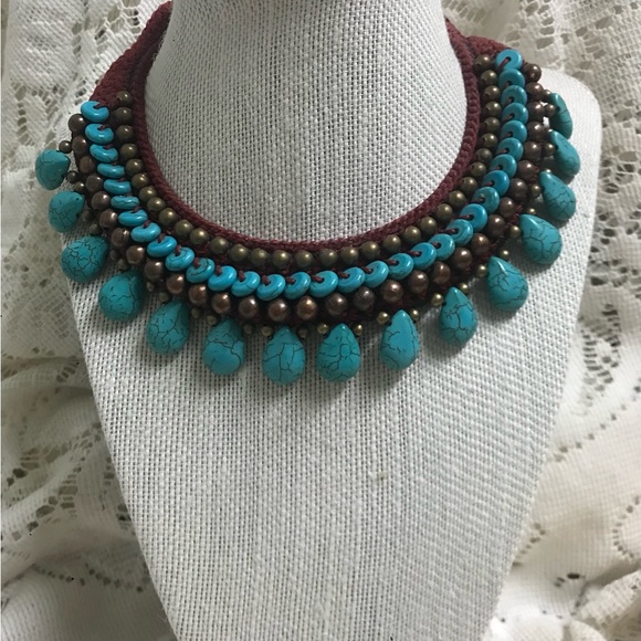 NOVICA Turquoise and Red Macrame Collar Choker - Picture 2 of 7